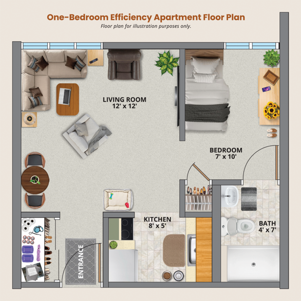 1-Bedroom Efficiency Apartment Floor Plan Sample