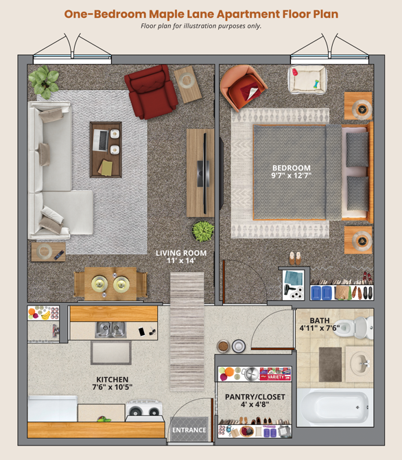 Maple Lane One-Bedroom Floor Plan Sample